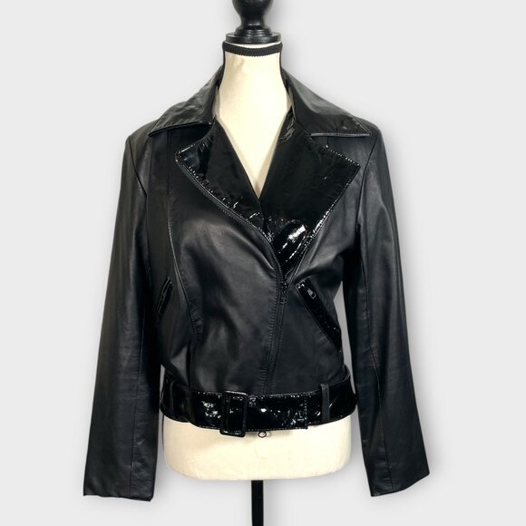 *RARE* Leather Moto Jacket Coat by Montreal Designer Veronique D’Aragon MEDIUM - Picture 1 of 9